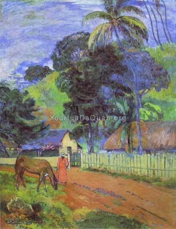 Horse on Road, Tahitian Landscape - 保罗·高更